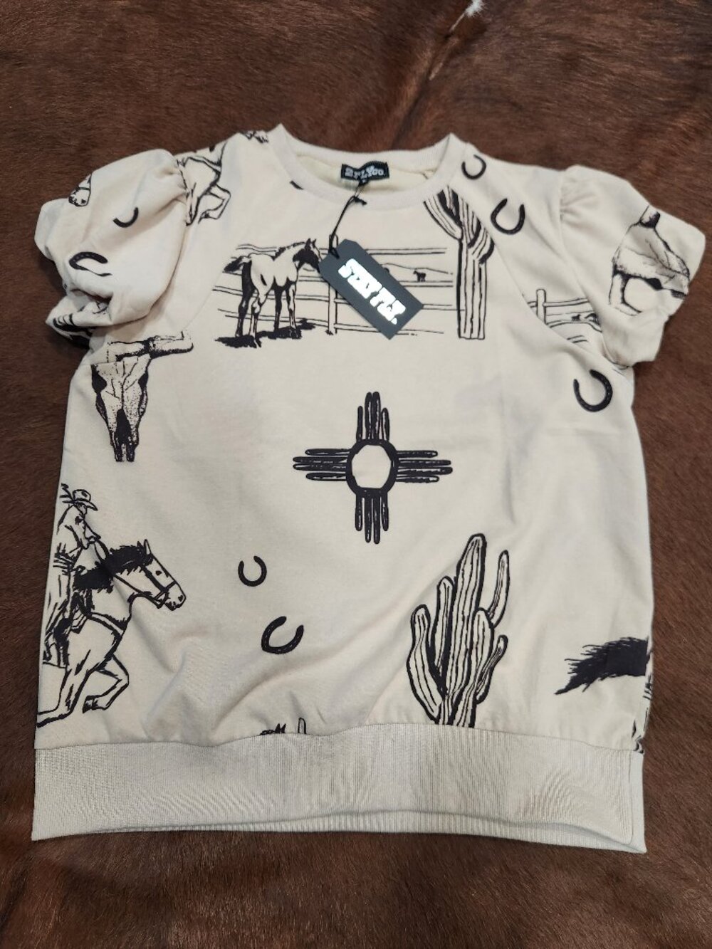 2 Fly Co short sleeve tan shirt w/ western print